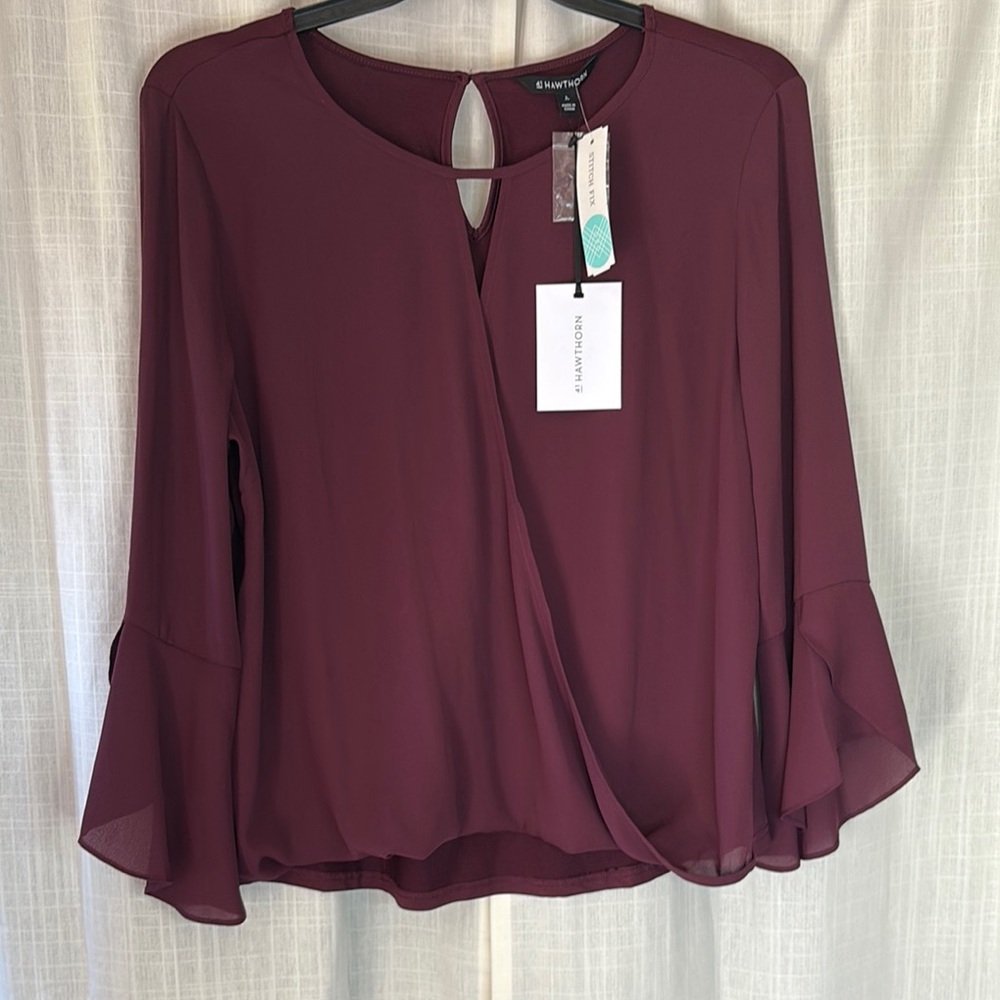 Nine West Red Asymmetrical Bell Sleeve Blouse